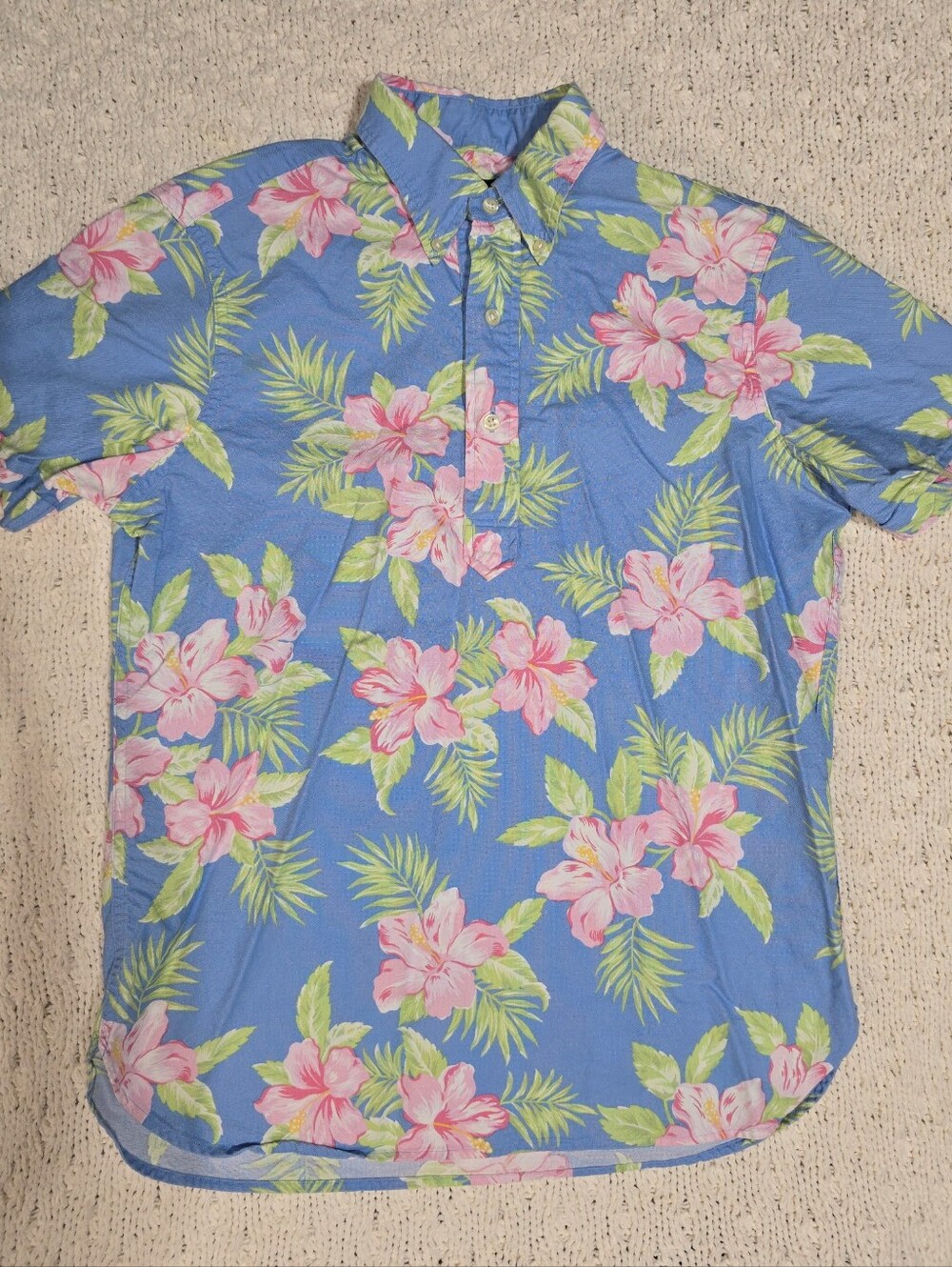 Ralph Lauren Blue Floral Short-Sleeve Button Shirt - Pink Hibiscus Print